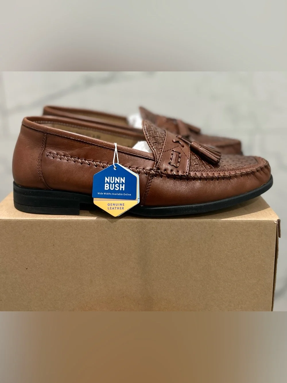 Nunn Bush Strafford Woven Tassel Loafers Men’s 8.5 Cognac Leather NWT